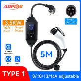 ADPOW Portable 16A Type1 EV Chargers SAE J1772 Socket 3.5KW 5M Cable Current Adjustable Wallbox EV Charging Accessories